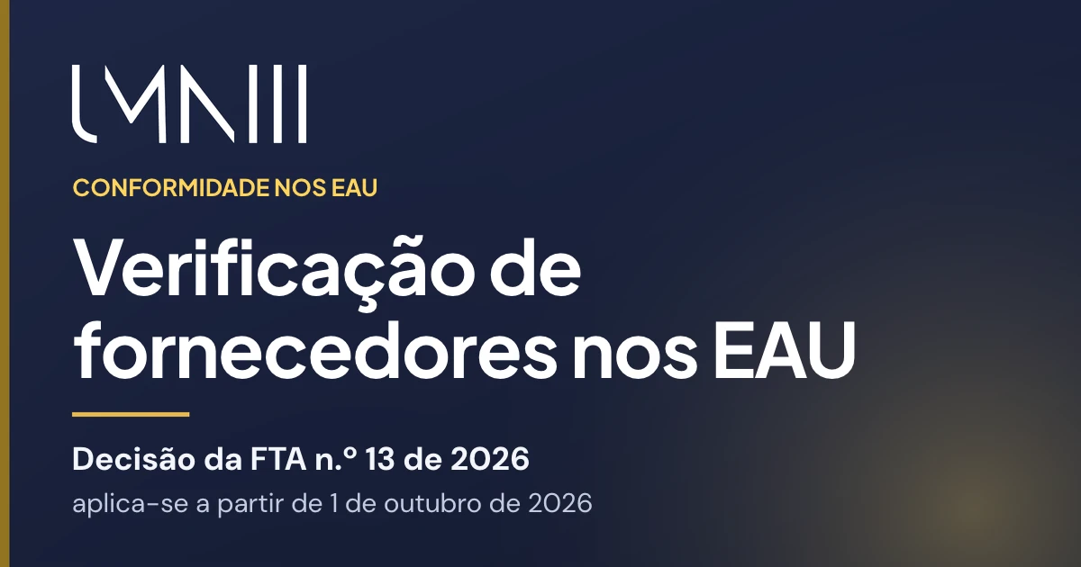 Cartão com a marca UMNIII para o artigo sobre a verificação de fornecedores nos EAU ao abrigo da Decisão FTA n.º 13 de 2026