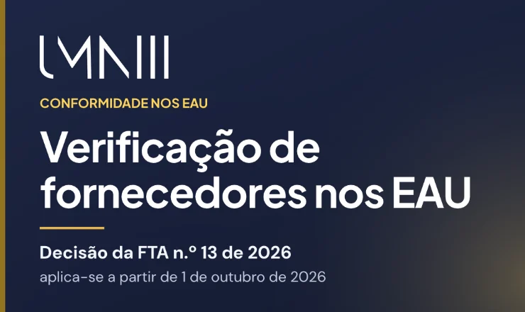 Cartão com a marca UMNIII para o artigo sobre a verificação de fornecedores nos EAU ao abrigo da Decisão FTA n.º 13 de 2026