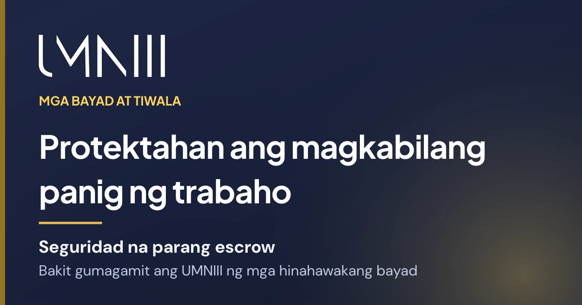 Card na may tatak ng UMNIII para sa artikulo tungkol sa mga hawak na bayad at proteksyon sa trabaho sa marketplace ng UMNIII