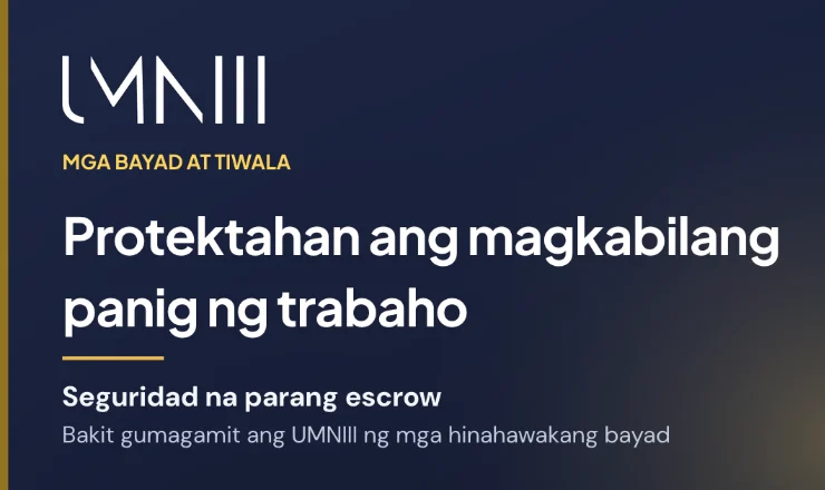 Card na may tatak ng UMNIII para sa artikulo tungkol sa mga hawak na bayad at proteksyon sa trabaho sa marketplace ng UMNIII